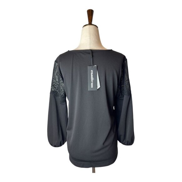 Karl Lagerfeld Shirt Women Small Black Lace‎ Panel Blouse Whimsigoth Gothic NWT - Picture 2 of 11